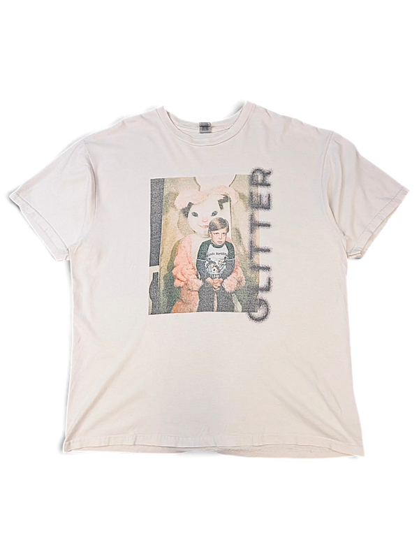 JAKE & IPI off-white cotton t-shirt featuring a vintage-style graphic of a child with a bunny mascot and glitter text