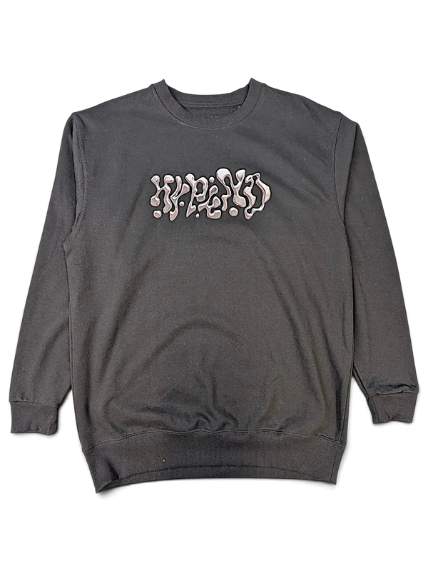 JAKE & IPI black crewneck sweatshirt featuring a metallic liquid-style Hypend graphic on the chest.