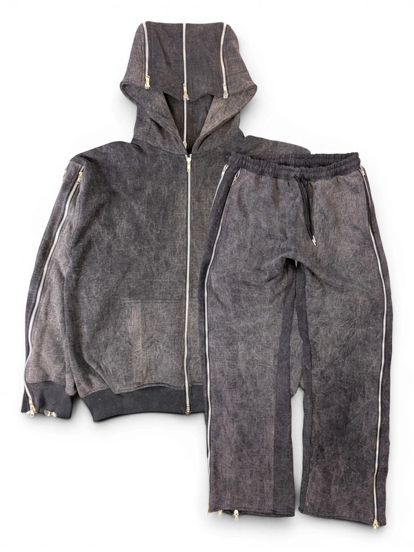 JAKE & IPI Alarikco charcoal grey acid wash track suit with full-length zipper details on hoodie and pants