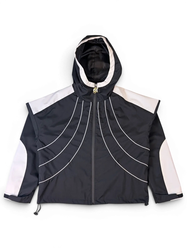 JAKE & IPI IBE Elenyor black and white hooded jacket with curved white piping detail and front zip closure