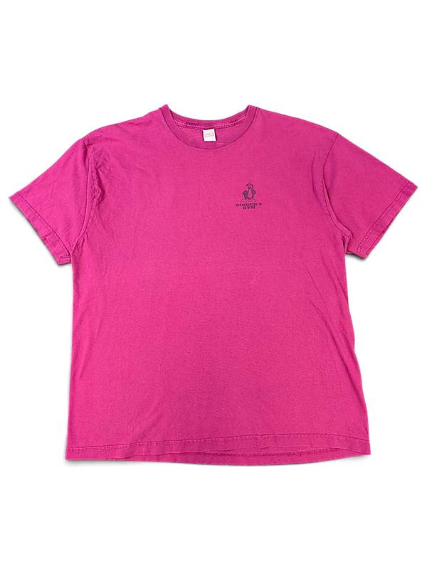 JAKE & IPI magenta short-sleeve gym t-shirt with a small black Digger's Gym logo on the chest