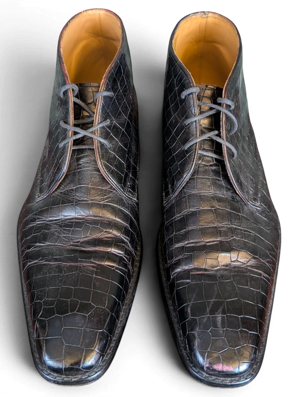 JAKE & IPI Melvin & Hamilton dark brown crocodile-embossed leather ankle boots with lace-up closure.