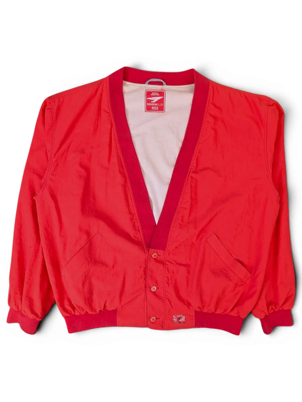 JAKE & IPI vintage red Toyota club button-up windbreaker jacket with a V-neck collar and ribbed cuffs.