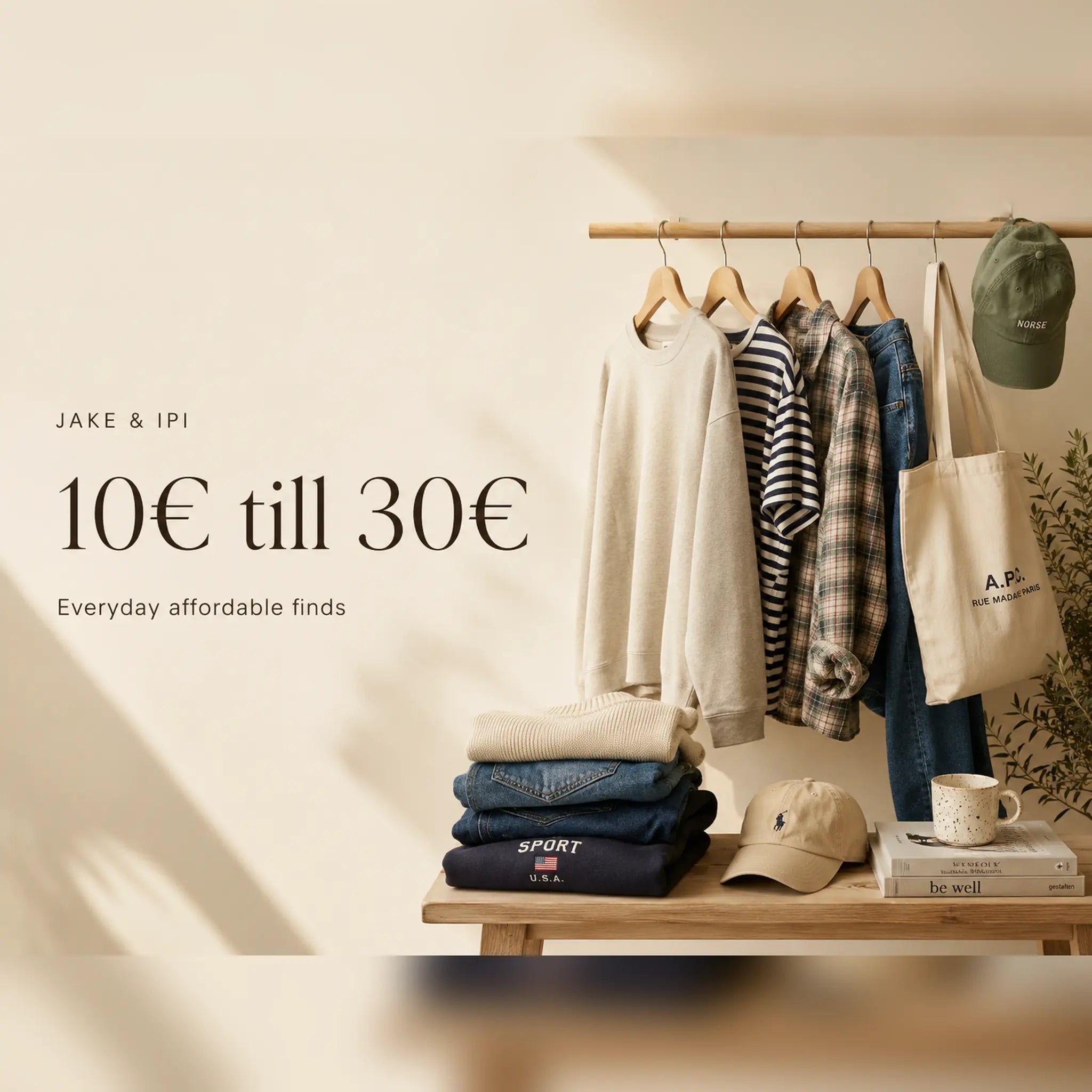 Affordable vintage and secondhand clothing priced 10€ to 30€ from JAKE & IPI, featuring everyday wardrobe finds, denim, shirts, caps and accessories.