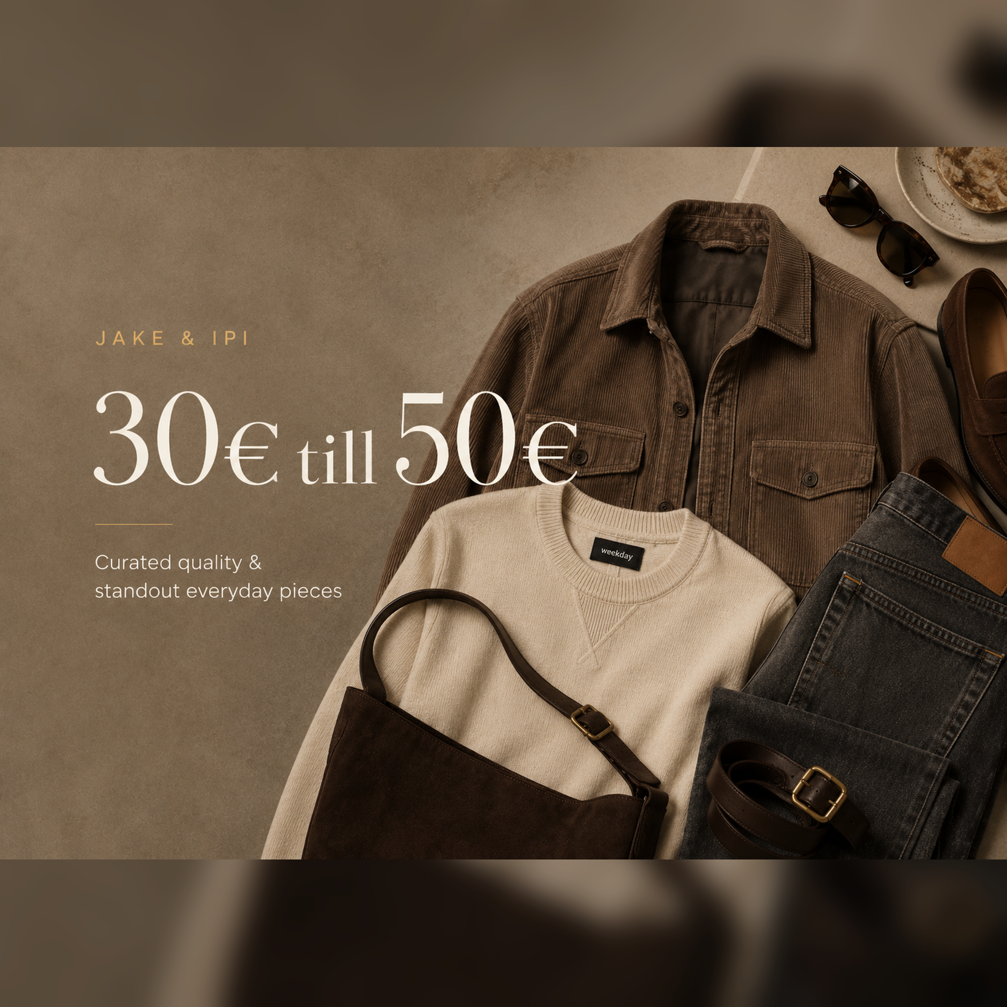 Curated vintage and secondhand clothing priced 30€ to 50€ from JAKE & IPI, featuring quality jackets, knits, denim, shoes and accessories.