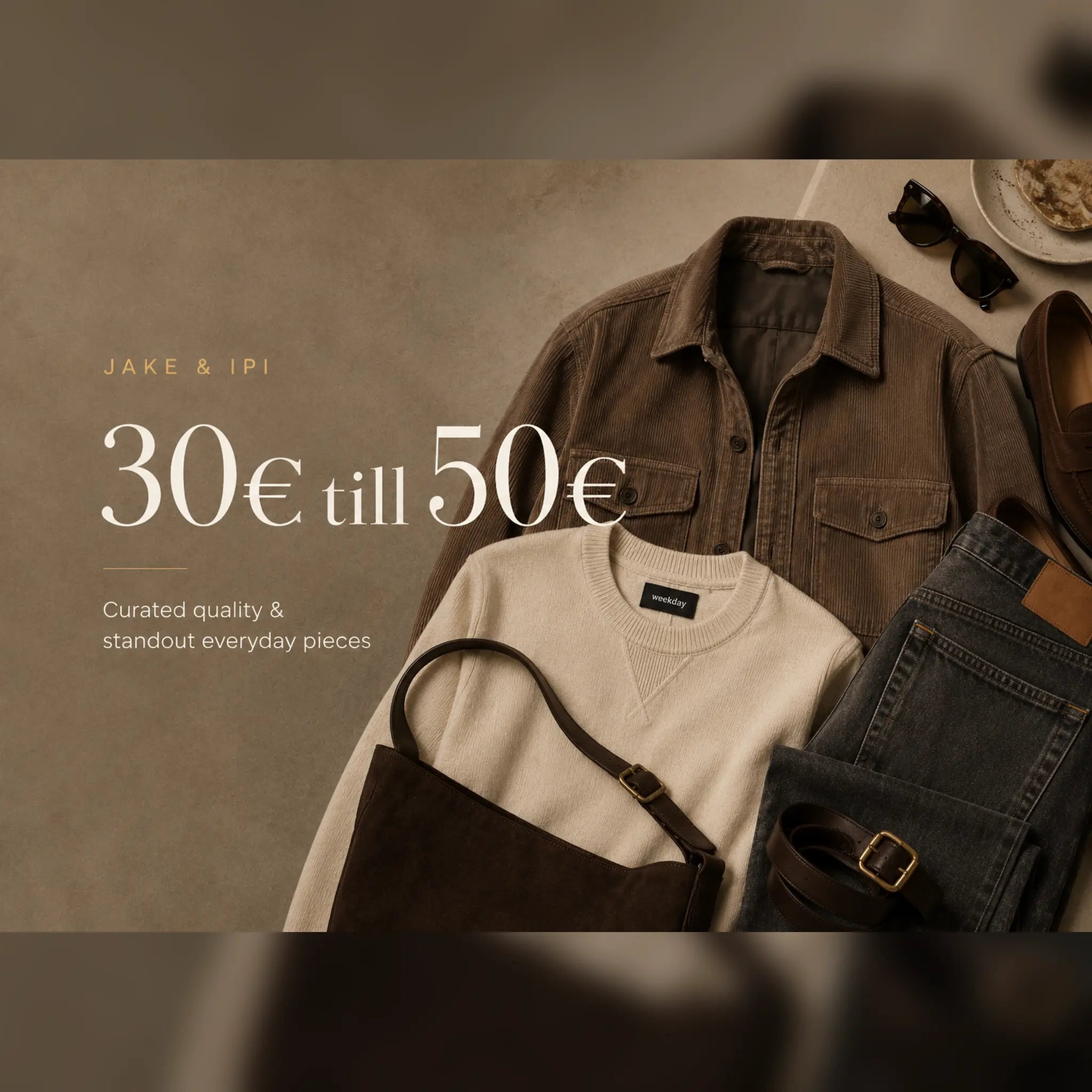Curated vintage and secondhand clothing priced 30€ to 50€ from JAKE & IPI, featuring quality jackets, knits, denim, shoes and accessories.