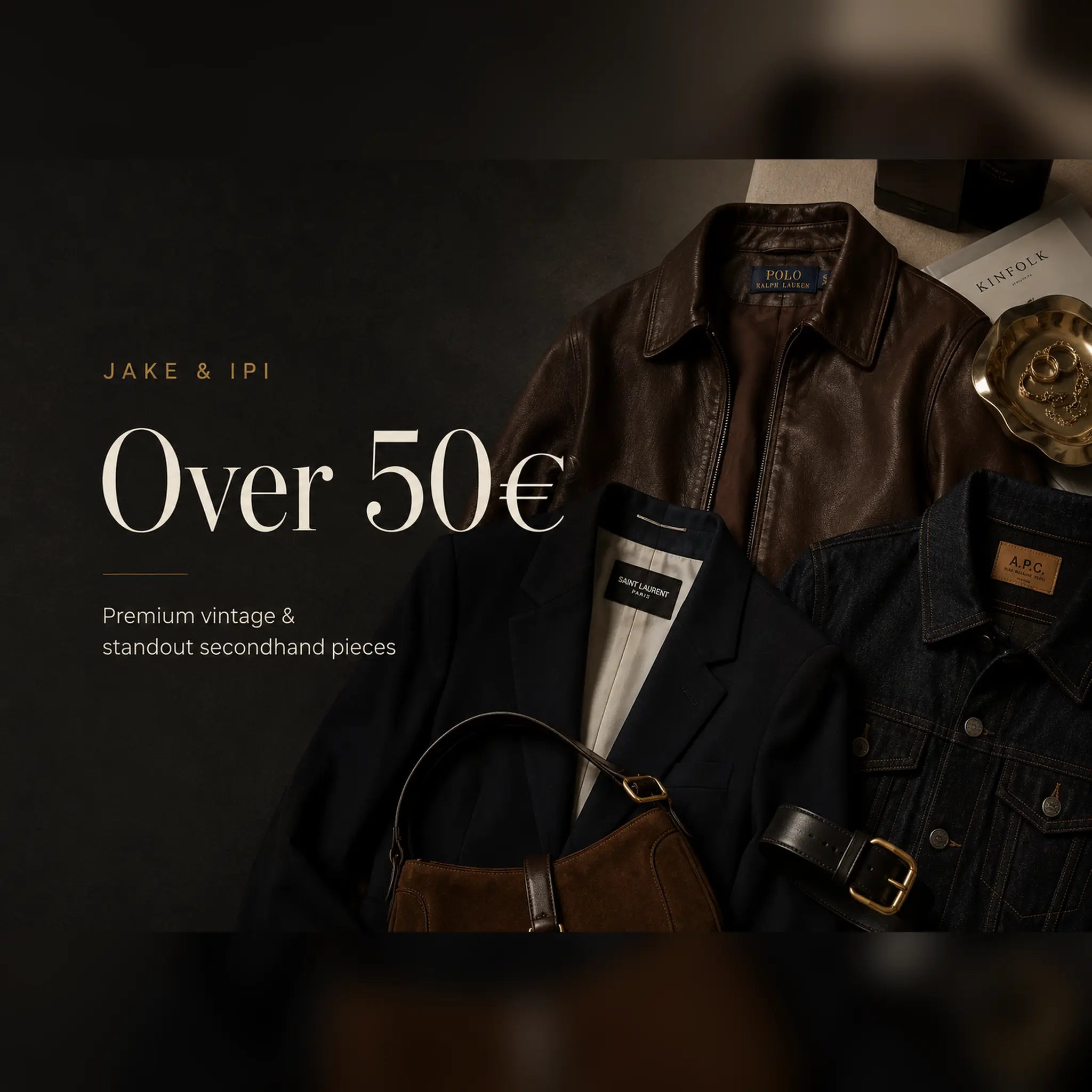 Premium vintage and secondhand clothing over 50€ from JAKE & IPI, featuring leather jackets, denim, blazers, bags and standout accessories.