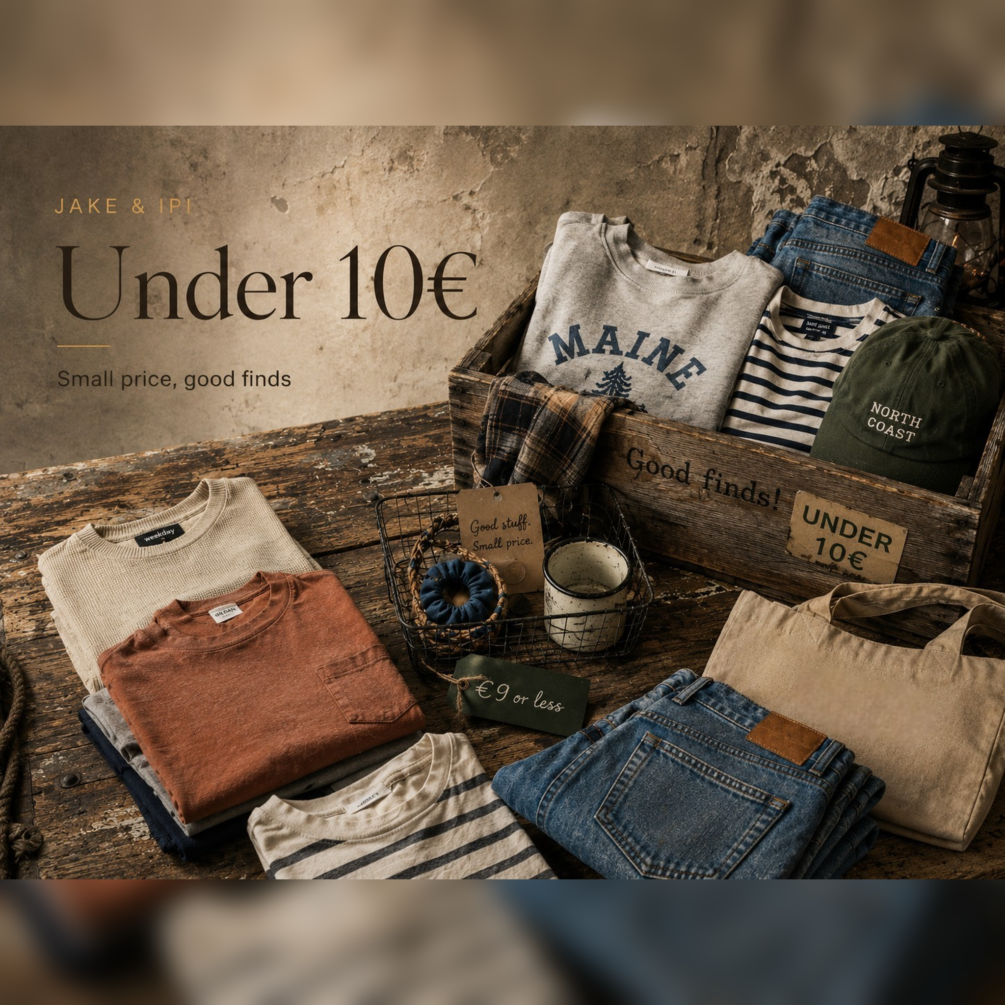Rugged secondhand clothing under 10€ from JAKE & IPI, featuring budget-friendly vintage basics, denim, graphic sweatshirts, shirts and accessories.