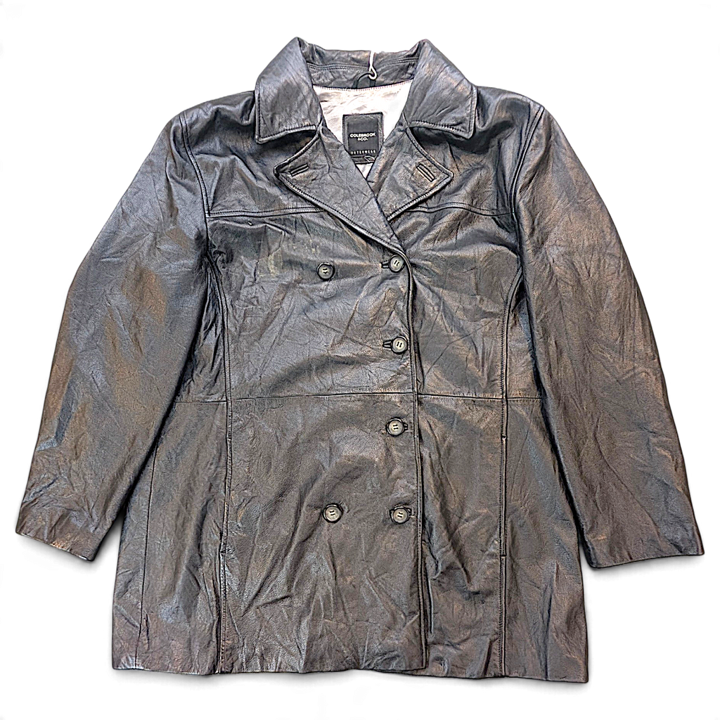 Colebrook & Co. Black Genuine Leather Double-Breasted Car Coat – Size Unmarked – front view.