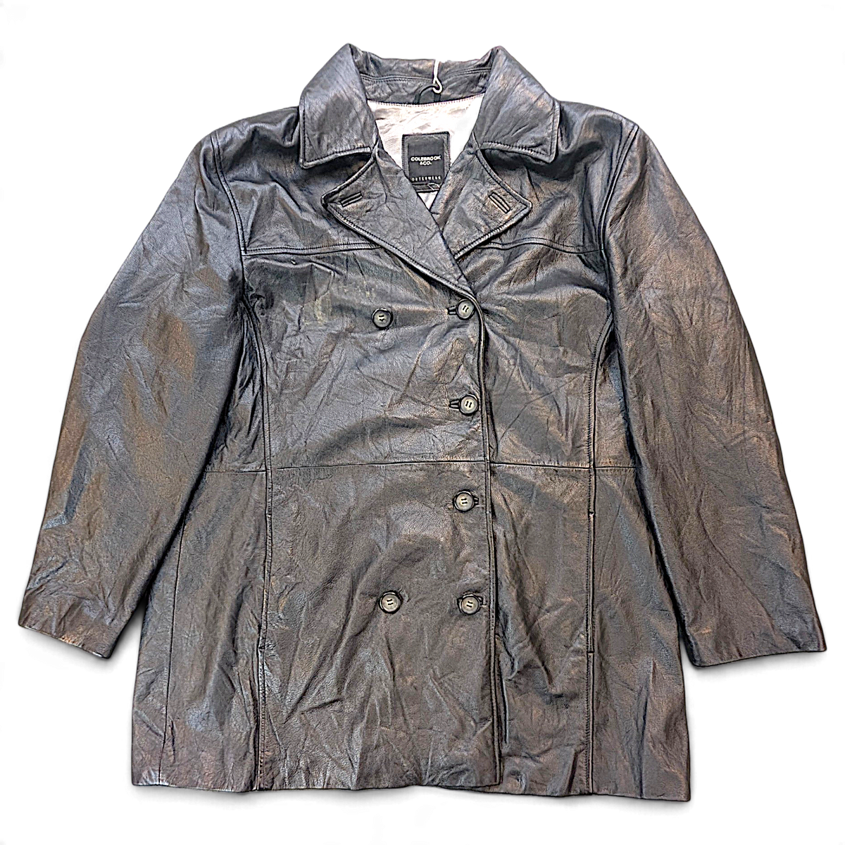 Colebrook & Co. Black Genuine Leather Double-Breasted Car Coat – Size Unmarked – front view.