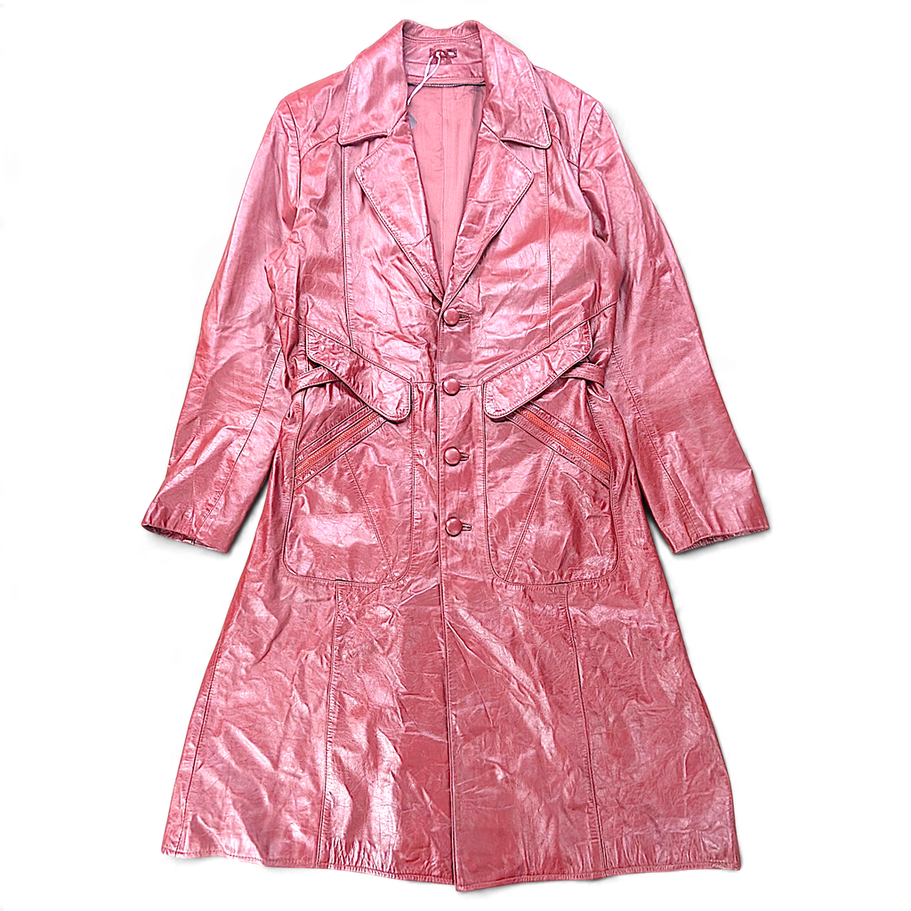 Unbranded Burgundy Leather-Look Belted Trench Coat Made in Korea – Size Unmarked – front view.