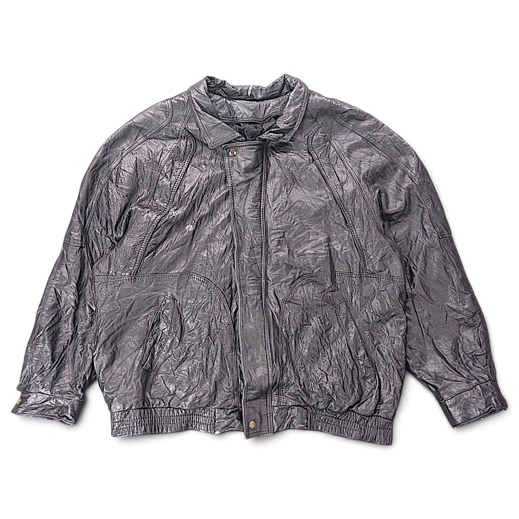 Unbranded Black Faux Leather Bomber Jacket with Paint Mark – Size Unmarked – front view.