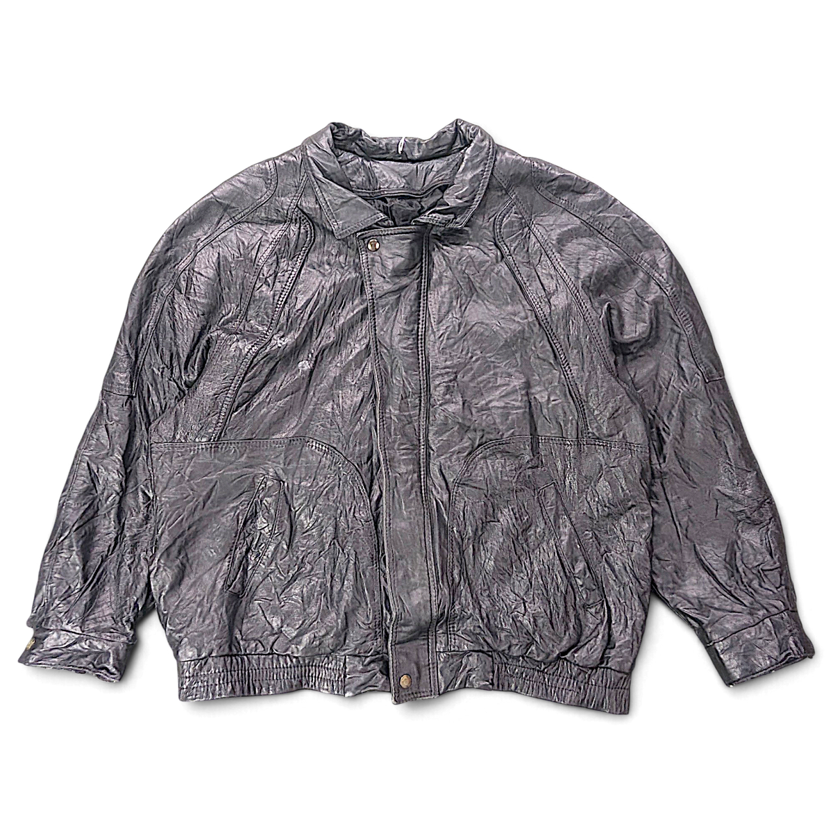 Unbranded Black Faux Leather Bomber Jacket with Paint Mark – Size Unmarked – front view.