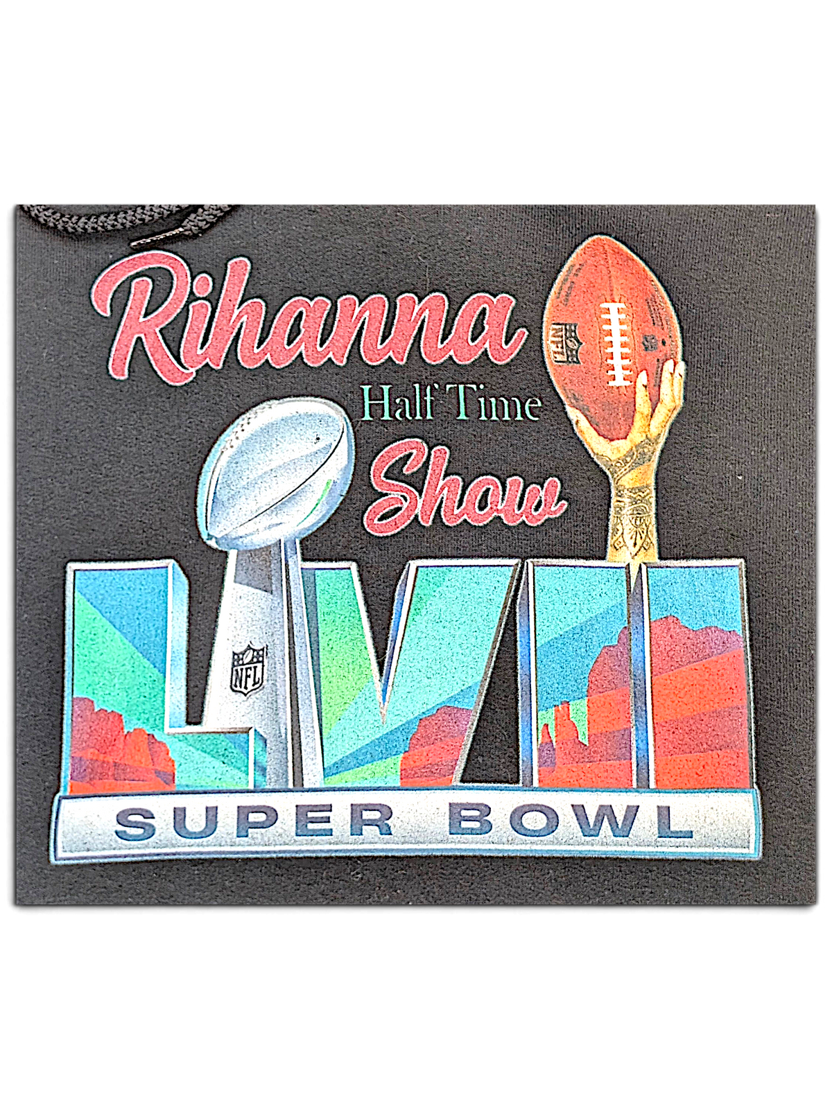 JAKE & IPI black hoodie featuring a colourful Rihanna Super Bowl LVII Half Time Show graphic print
