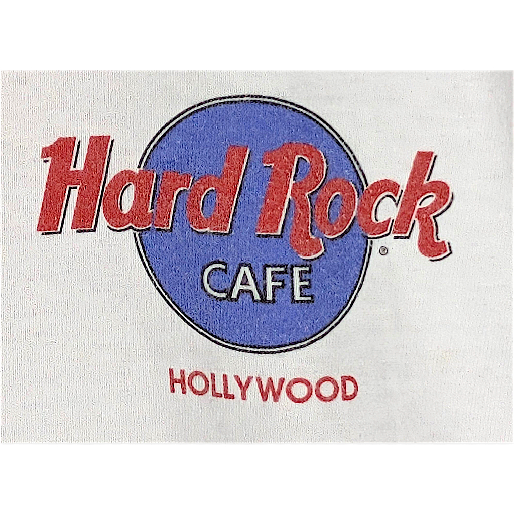 JAKE & IPI valkoinen Hard Rock Cafe Hollywood 1996 -t-paita, jossa on sininen ja punainen vintage-logopainatus.