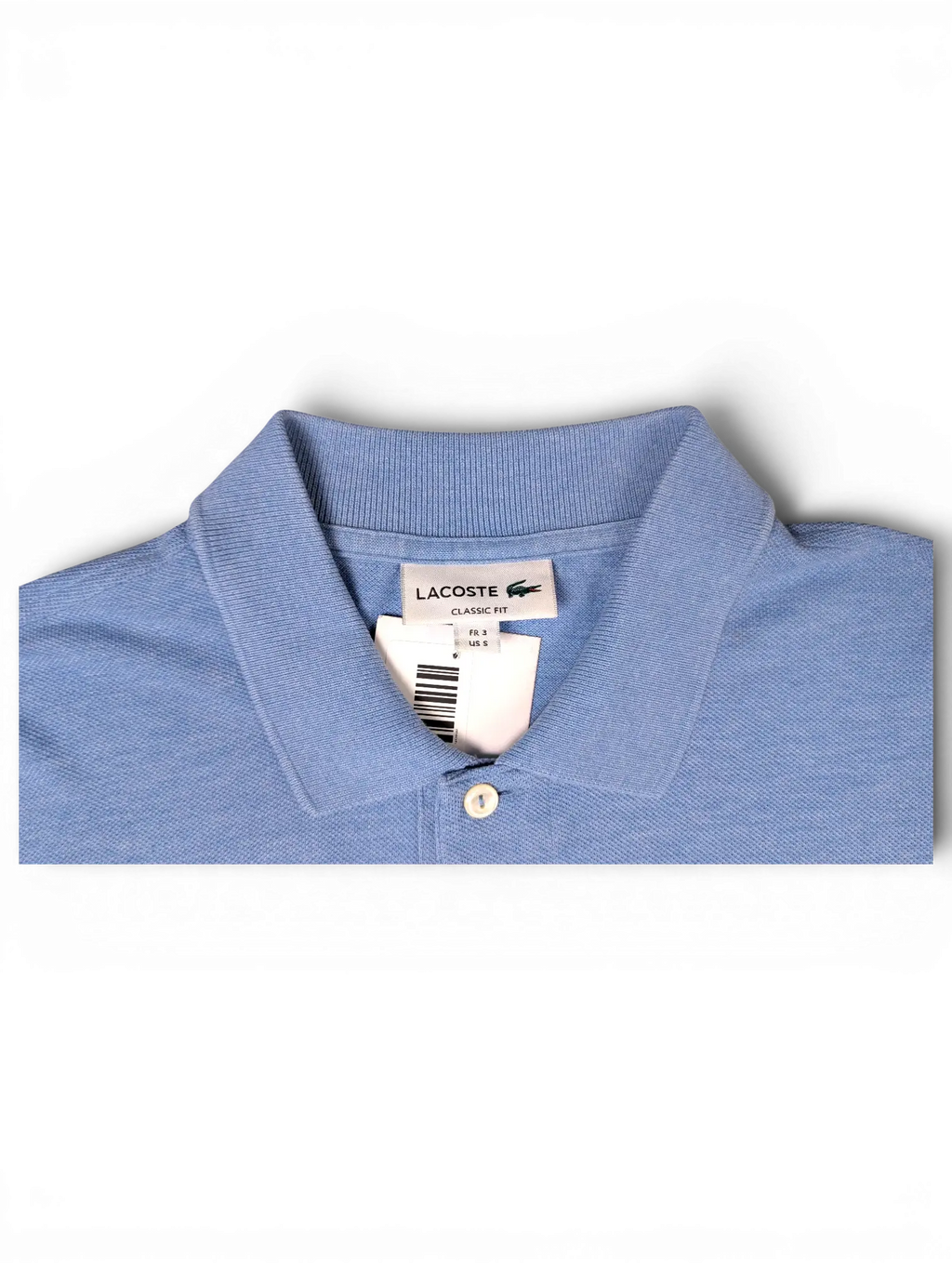 Collar and brand label detail of Lacoste Light Blue Polo Shirt