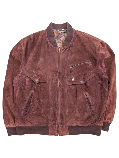 JAKE & IPI Angelo Litrico brown suede bomber jacket with colorful patterned lining and zippered chest pocket.