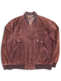 JAKE & IPI Angelo Litrico brown suede bomber jacket with colorful patterned lining and zippered chest pocket.