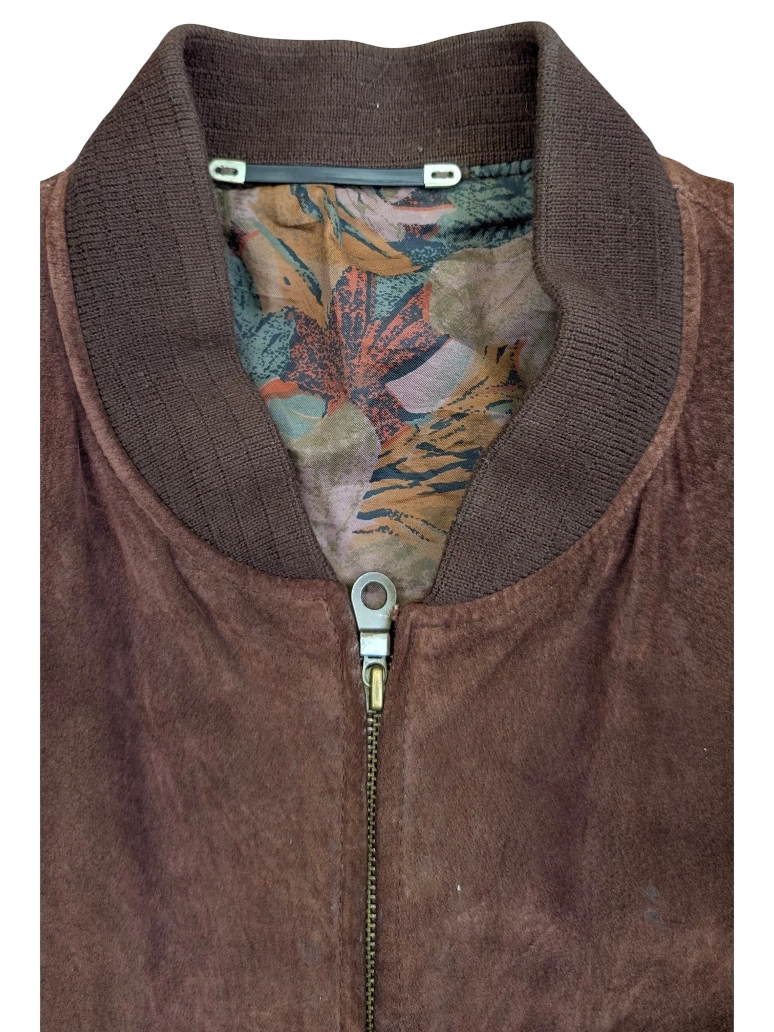 JAKE & IPI Angelo Litrico brown suede bomber jacket with a colorful floral print lining and ribbed collar.