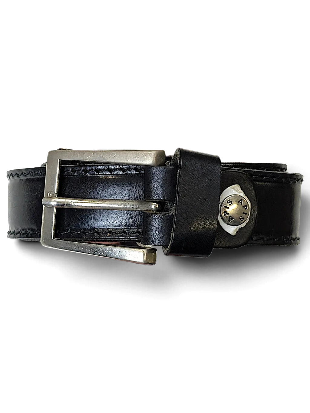 JAKE & IPI Apis black leather belt with a silver metal buckle and branded stud detail held in a hand.