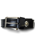 JAKE & IPI Apis black leather belt with a silver metal buckle and branded stud detail held in a hand.