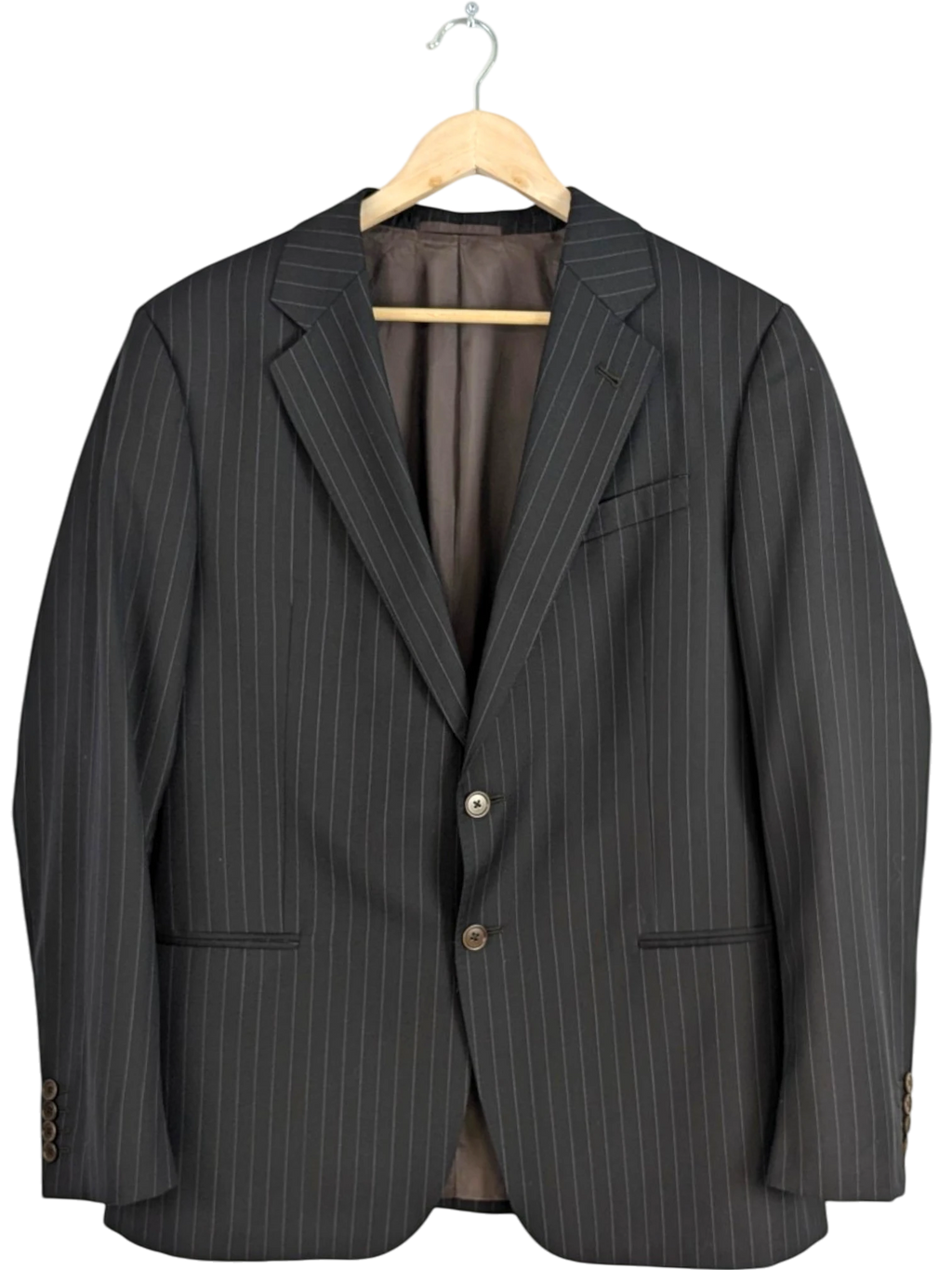 Armani Collezioni charcoal grey wool pinstripe two-button blazer, size 52 EU. Notched lapel, flap pockets.