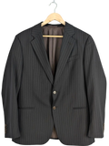 Armani Collezioni charcoal grey wool pinstripe two-button blazer, size 52 EU. Notched lapel, flap pockets.
