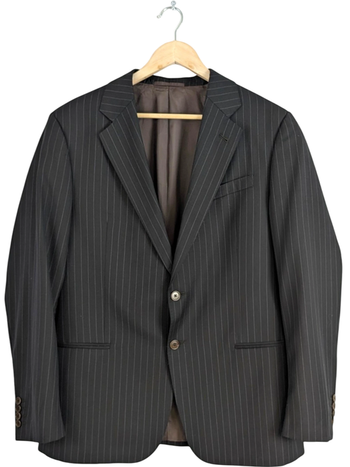 Armani Collezioni charcoal grey wool pinstripe two-button blazer, size 52 EU. Notched lapel, flap pockets.