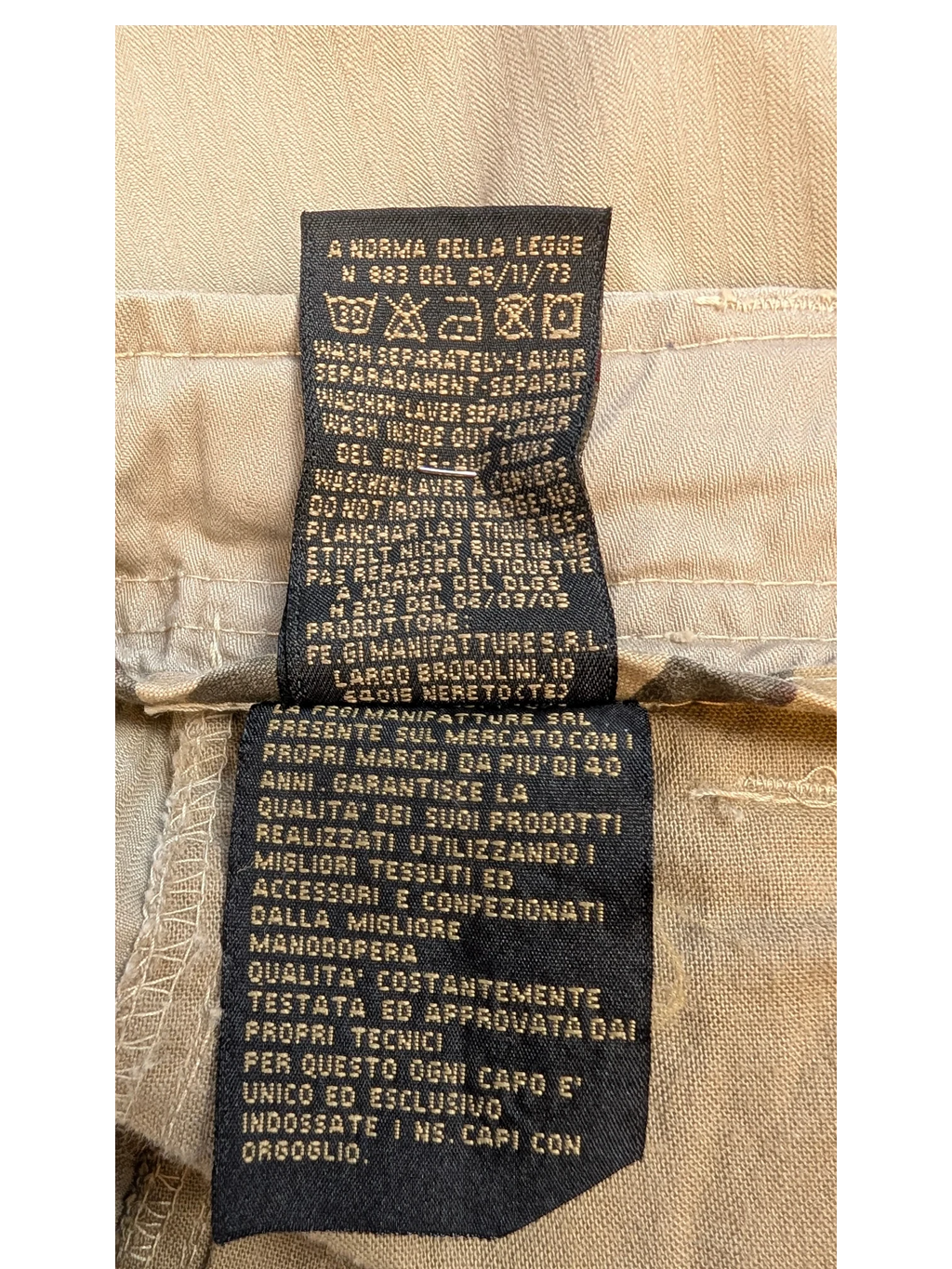 JAKE & IPI beige cargo pants, EU 42, with care instruction labels.