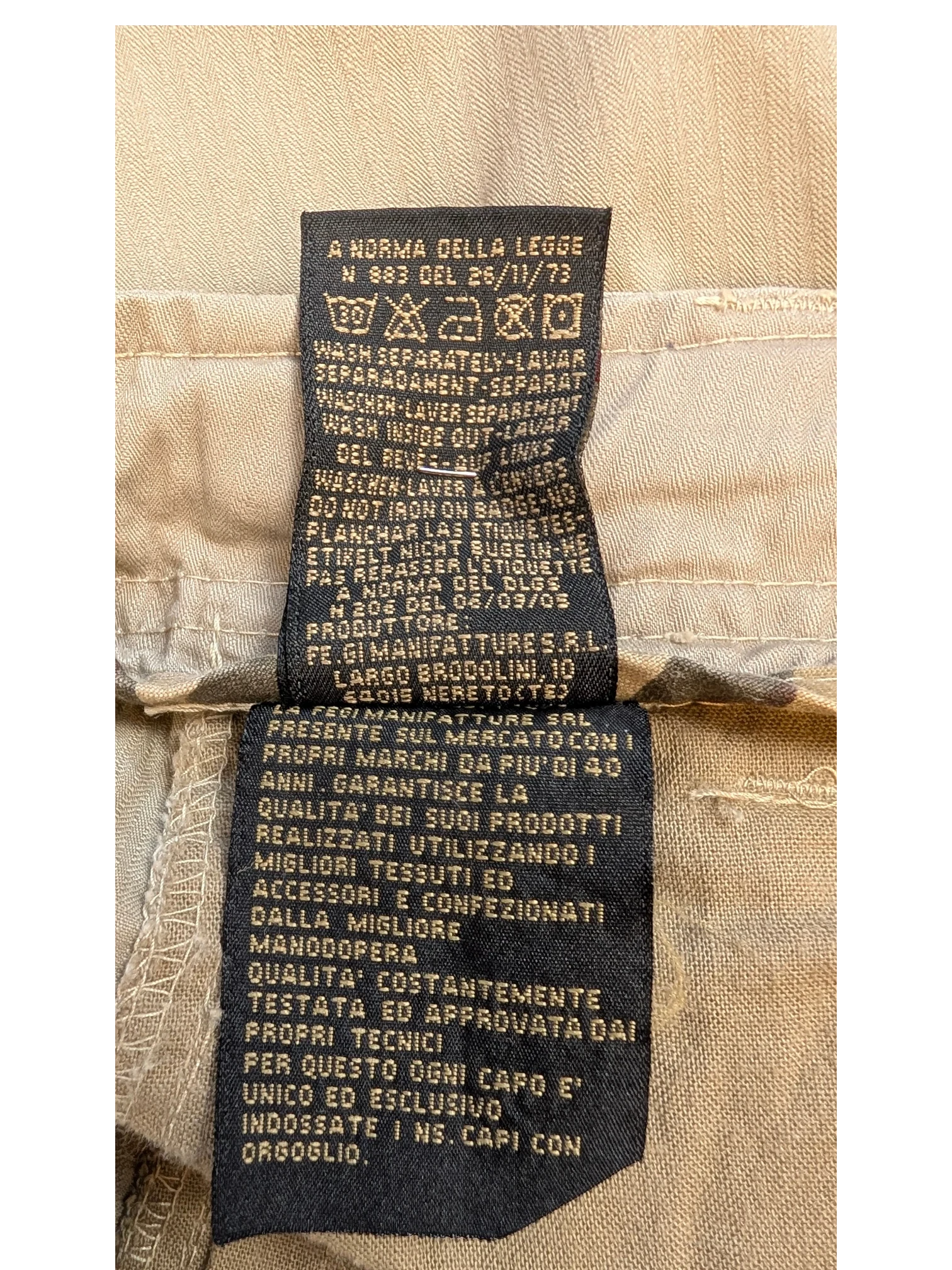 JAKE & IPI beige cargo pants, EU 42, with care instruction labels.