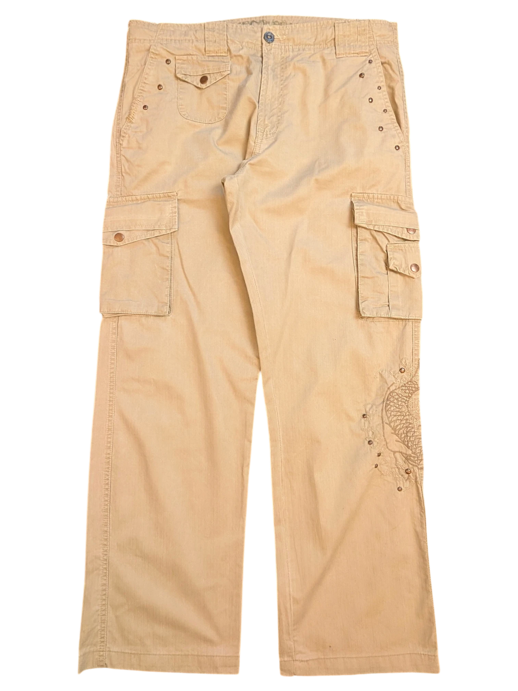 JAKE & IPI beige cargo pants EU 42 with embroidered detail on the right leg and multiple pockets.
