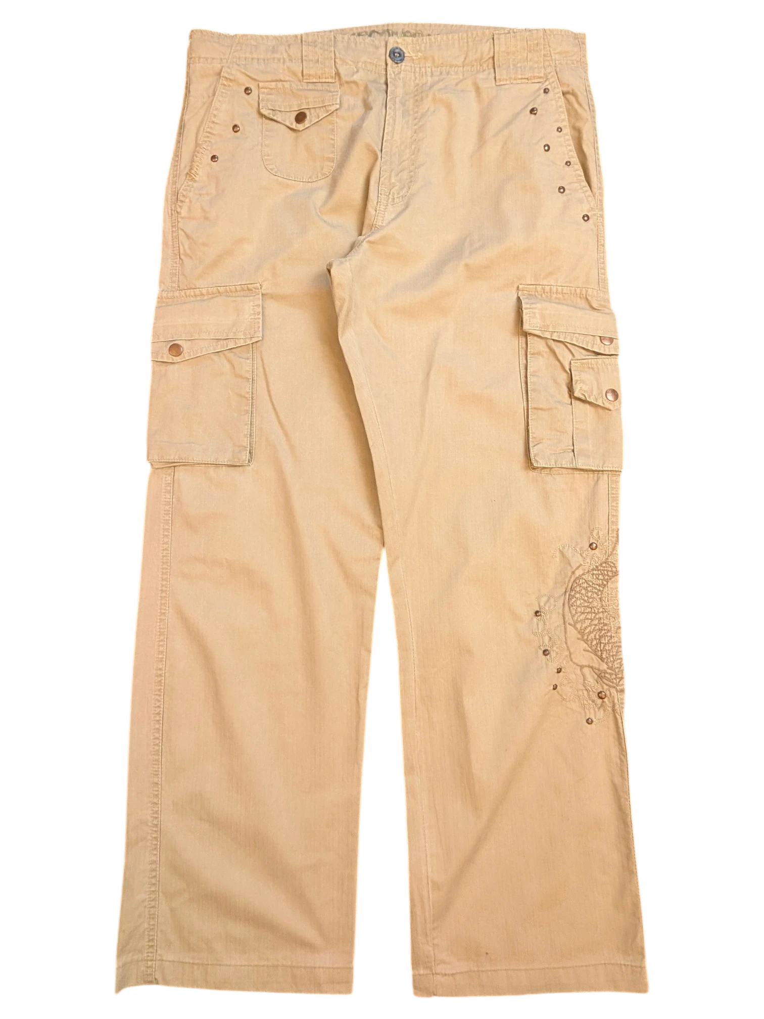 JAKE & IPI beige cargo pants EU 42 with embroidered detail on the right leg and multiple pockets.
