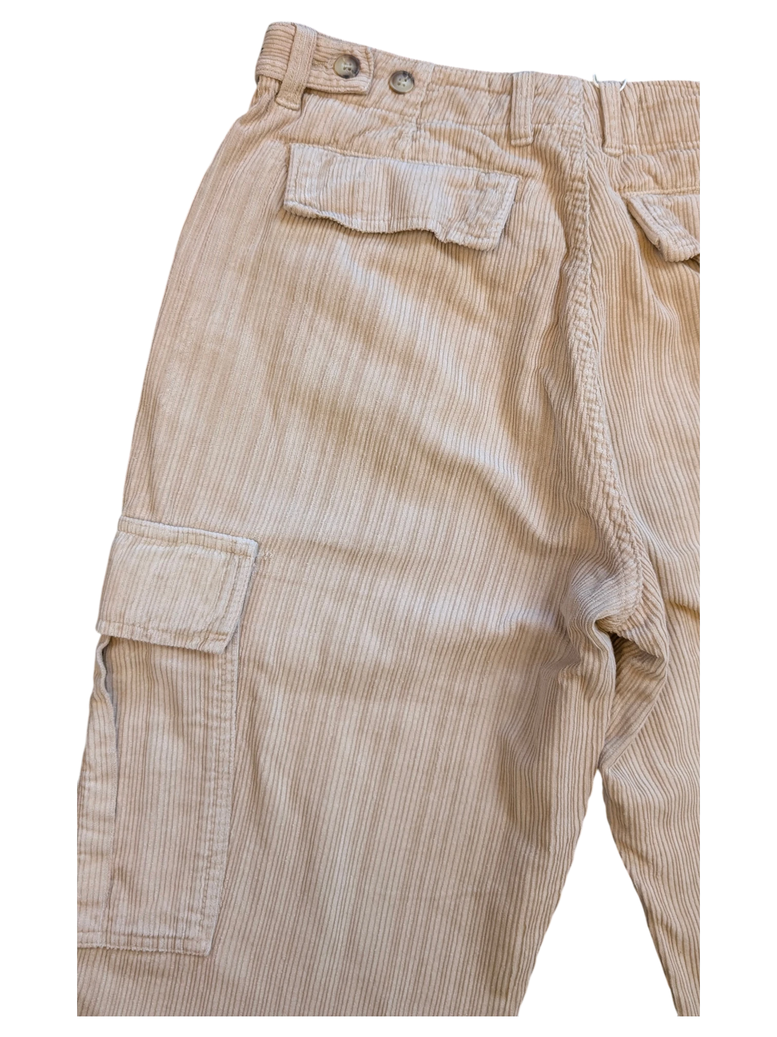 JAKE & IPI beige corduroy cargo pants with button closure and flap pockets.