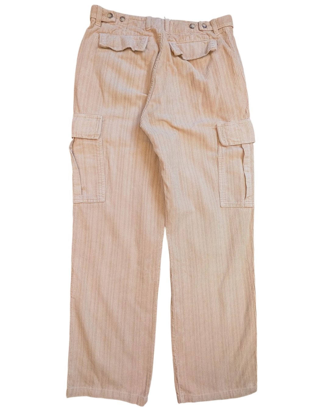 JAKE & IPI beige corduroy cargo pants with button flap pockets and adjustable waist tabs.