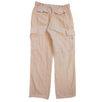 JAKE & IPI beige corduroy cargo pants with button flap pockets and adjustable waist tabs.