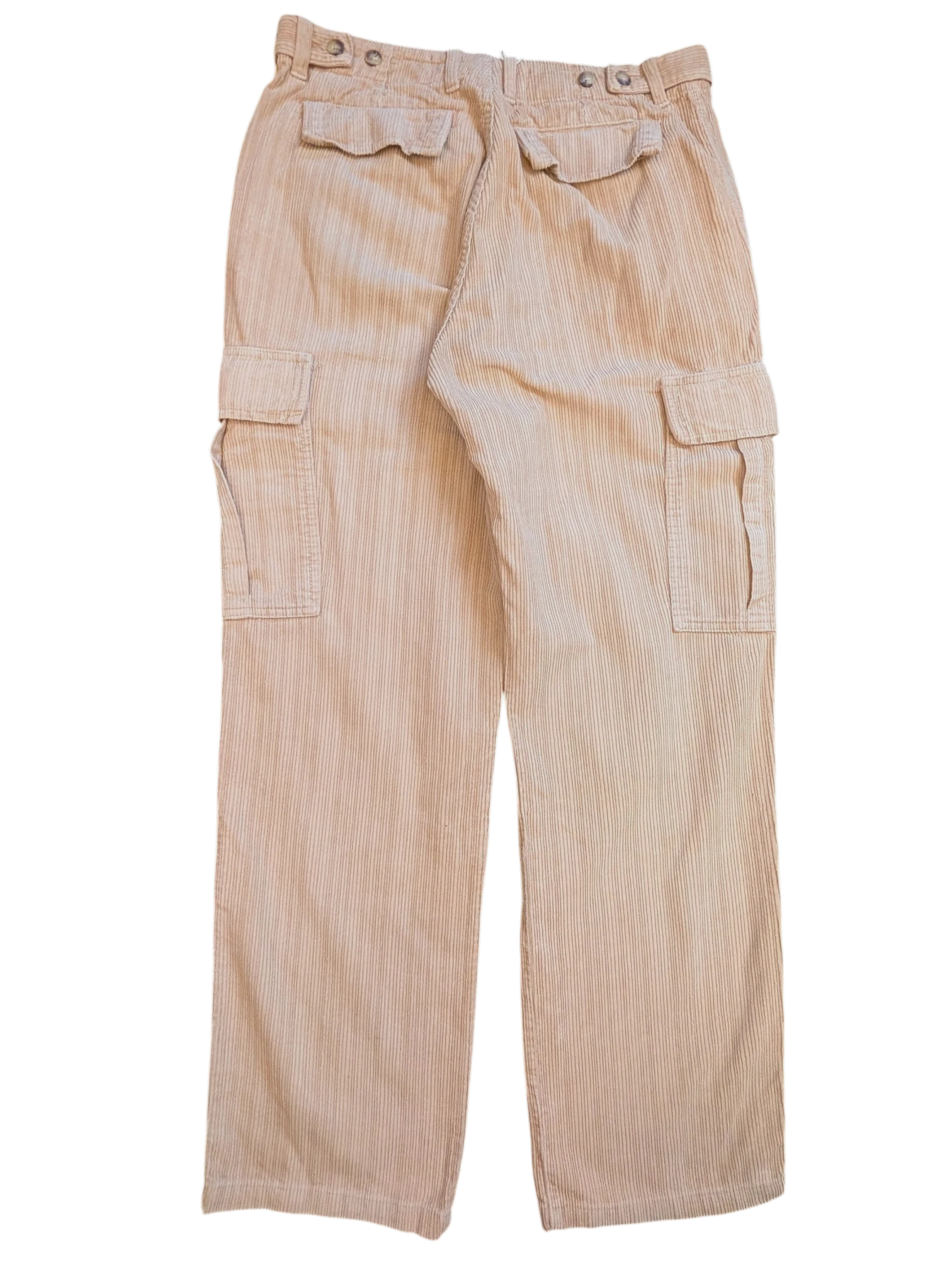 JAKE & IPI beige corduroy cargo pants with button flap pockets and adjustable waist tabs.