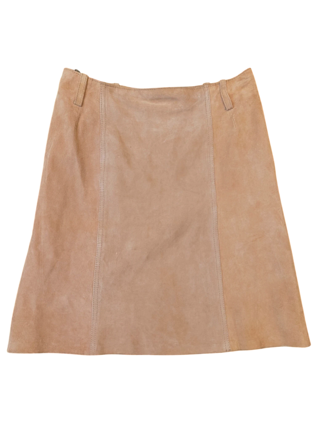 JAKE & IPI beige suede leather mini skirt with vertical seam detailing and belt loops.