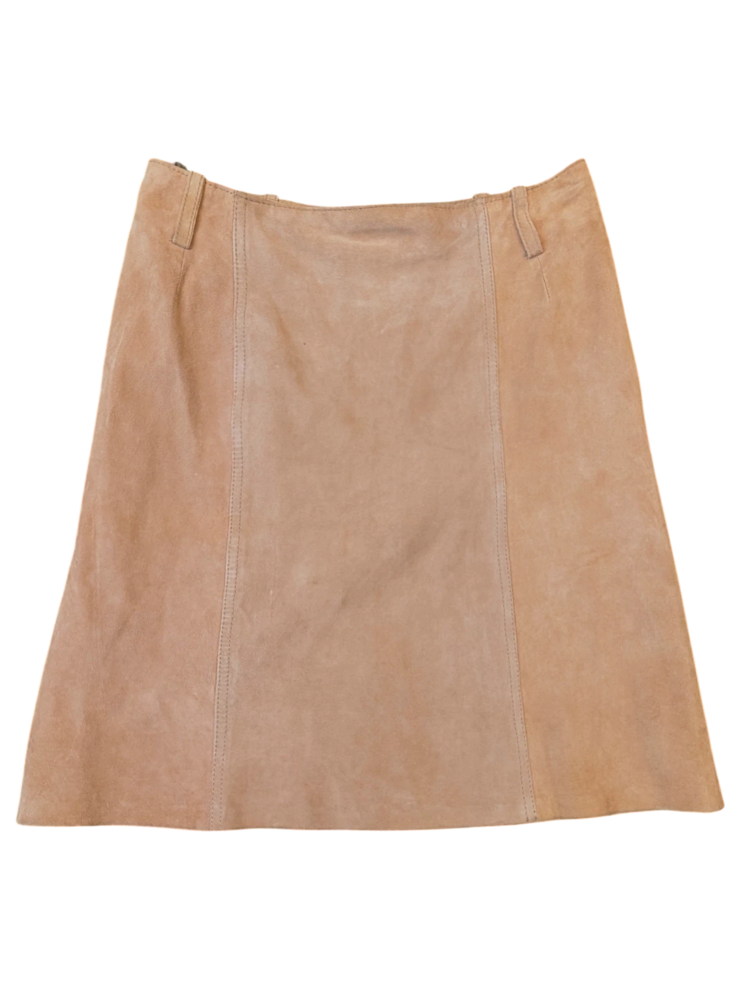 JAKE & IPI beige suede leather mini skirt with vertical seam detailing and belt loops.