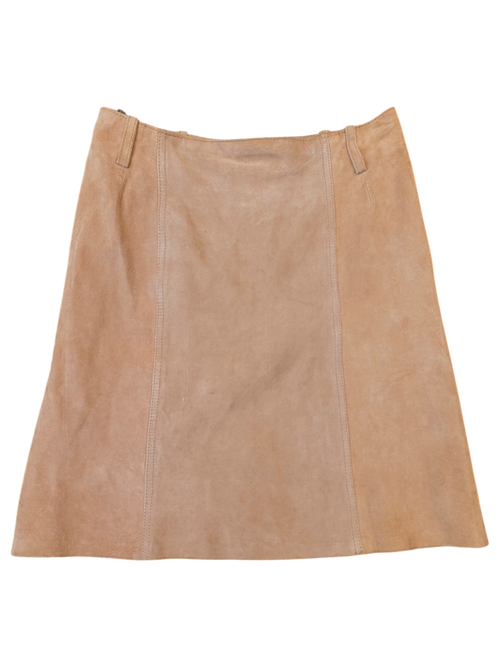 JAKE & IPI beige suede leather mini skirt with vertical seam detailing and belt loops.