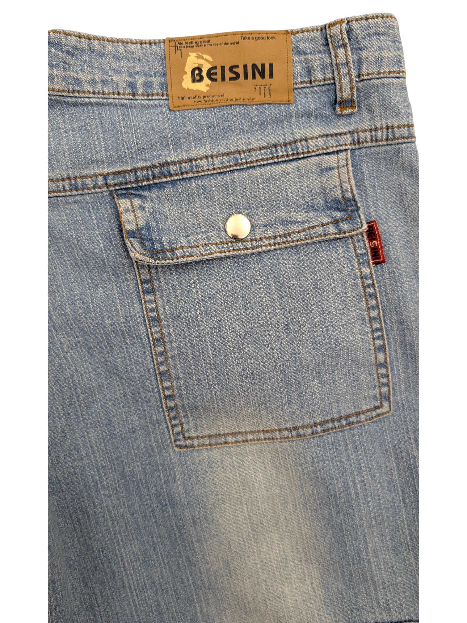 JAKE & IPI Beisini light wash denim cargo jeans with buttoned pocket and red logo tag.