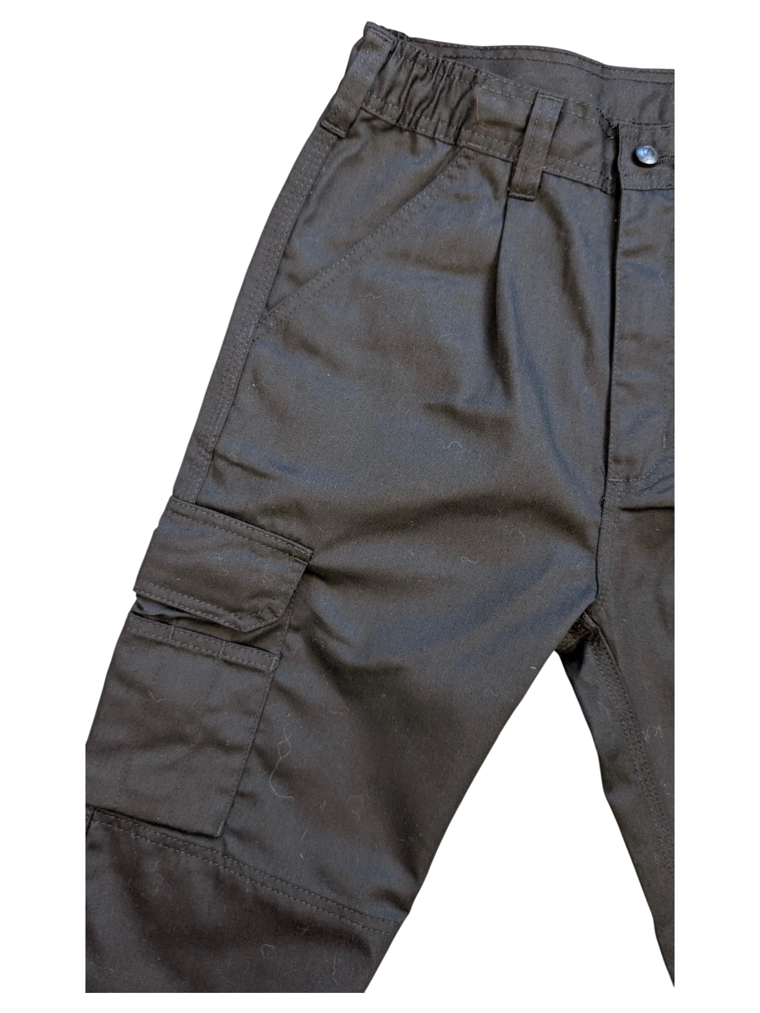 JAKE & IPI black cotton blend cargo pants with elastic waistband and multiple pockets.