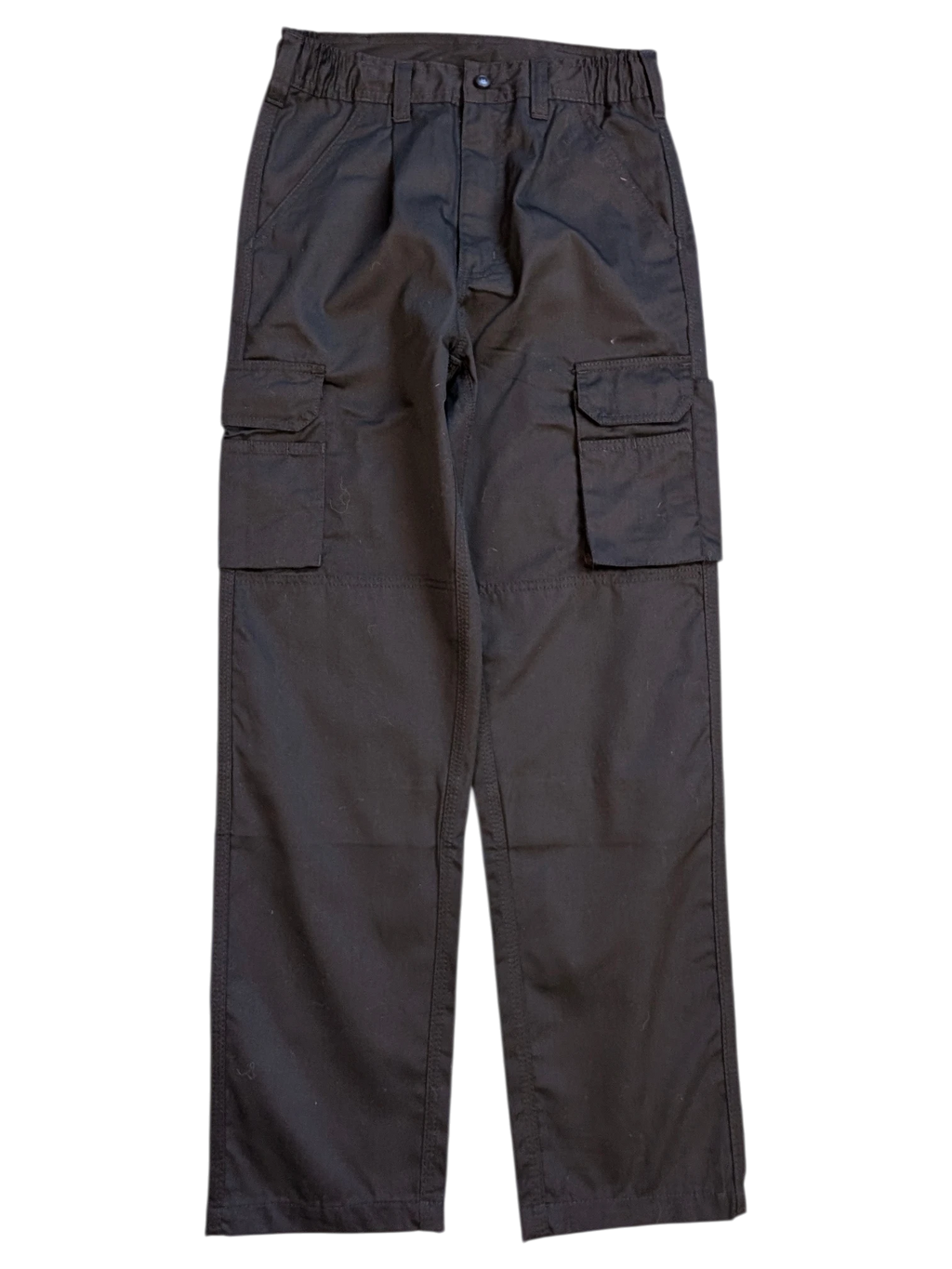 JAKE & IPI black cotton cargo pants with multiple pockets and elastic waistband.