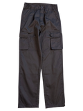 JAKE & IPI black cotton cargo pants with multiple pockets and elastic waistband.