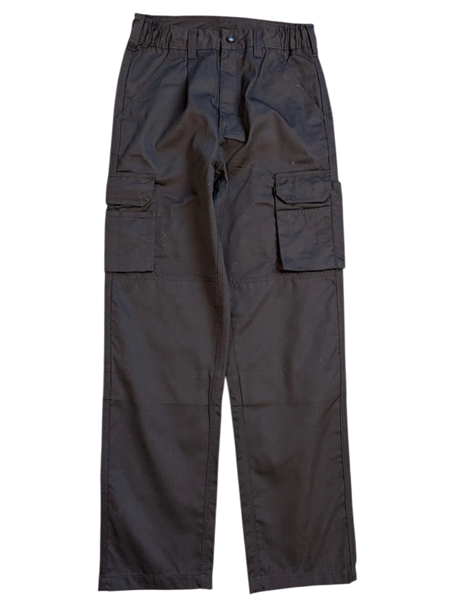 JAKE & IPI black cotton cargo pants with multiple pockets and elastic waistband.