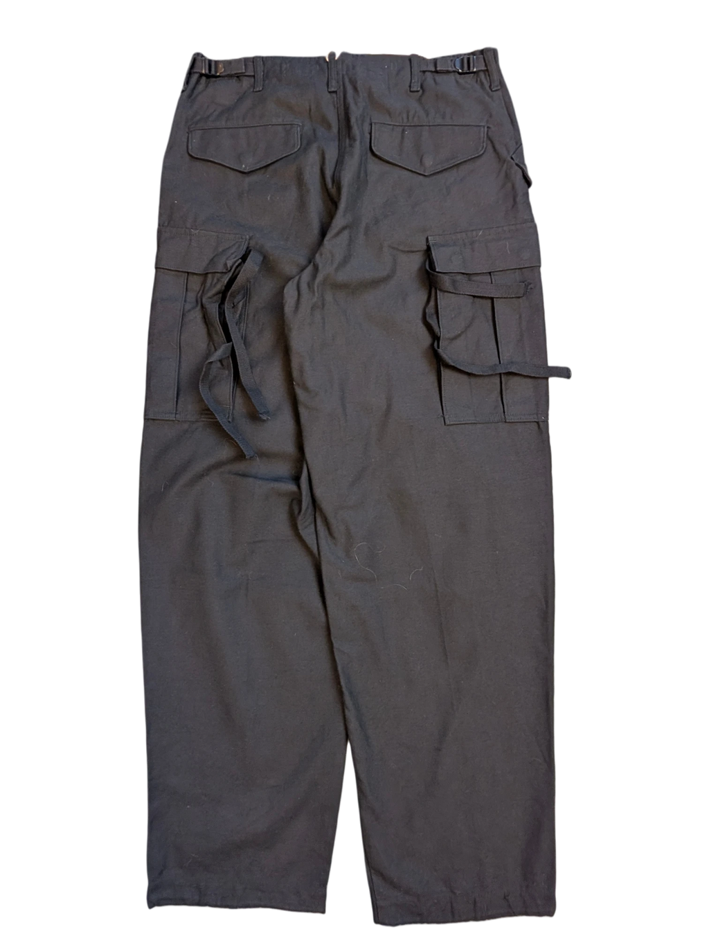 JAKE & IPI black cotton cargo pants with multiple pockets and adjustable waist tabs.