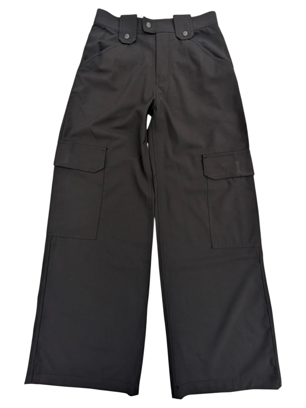 JAKE & IPI black cargo pants with large side pockets and adjustable waist tabs.