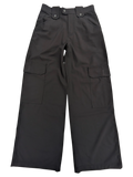 JAKE & IPI black cargo pants with large side pockets and adjustable waist tabs.