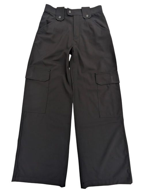 JAKE & IPI black cargo pants with large side pockets and adjustable waist tabs.