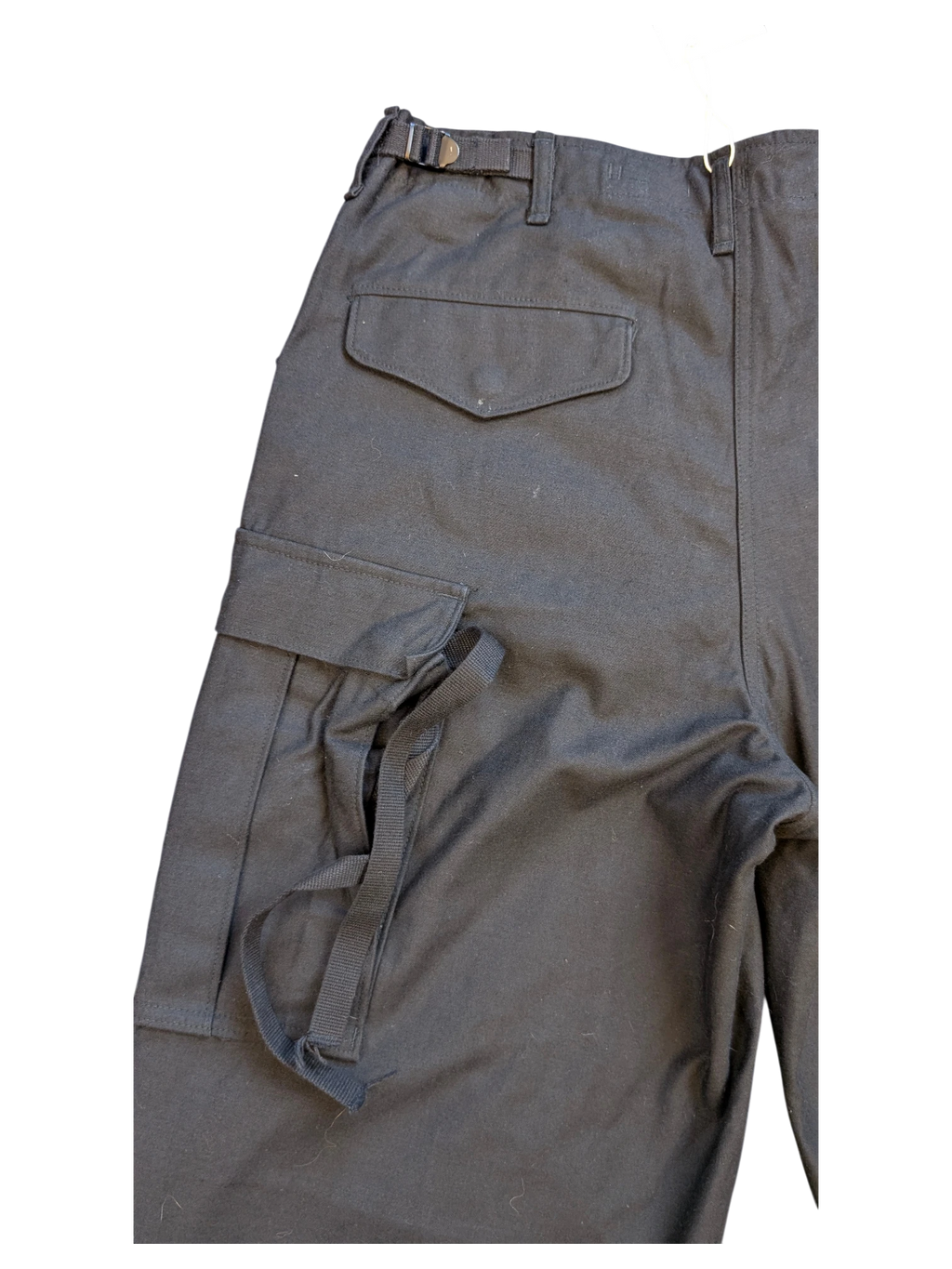 JAKE & IPI black cotton cargo pants with adjustable waist and multiple pockets.