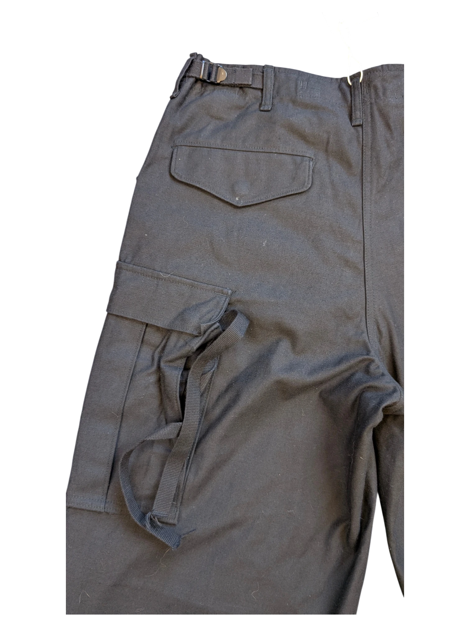 JAKE & IPI black cotton cargo pants with adjustable waist and multiple pockets.